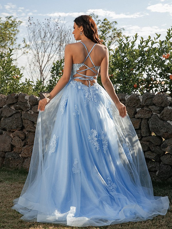 Weitese A-Line/Princess Tulle Applique Halter Sleeveless Sweep/Brush Train Dresses